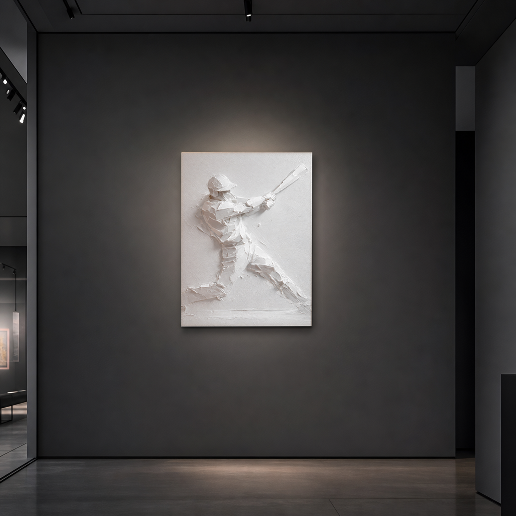 Sport Baseball Player White Textured 3D Relief Plaster-style Vertical Wall Art for Living Room
