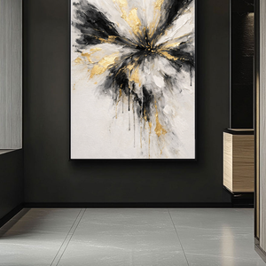 Modern Abstract Black White Gold Impasto Wall Art, Radial Splash Textured Canvas Painting, Thick Knife Brush Marks Framed Artwork for Living Room Bedroom Office Hallway Dining Room, Contemporary Minimalist Home Decor Accent