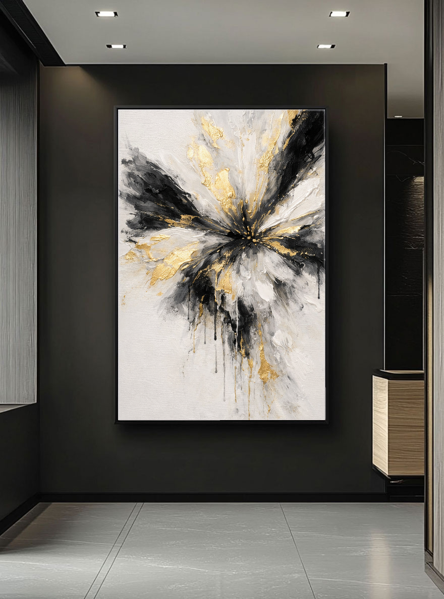 Modern Abstract Black White Gold Impasto Wall Art, Radial Splash Textured Canvas Painting, Thick Knife Brush Marks Framed Artwork for Living Room Bedroom Office Hallway Dining Room, Contemporary Minimalist Home Decor Accent