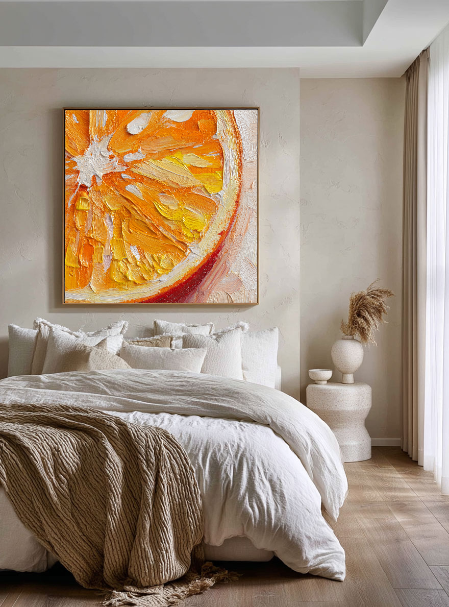 Vibrant Close-Up Orange Citrus Slice Impasto Wall Art Thick Textured Knife Brush Strokes Modern Colorful Abstract Fruit Painting for Kitchen Dining Living Room Bedroom Office Hallway