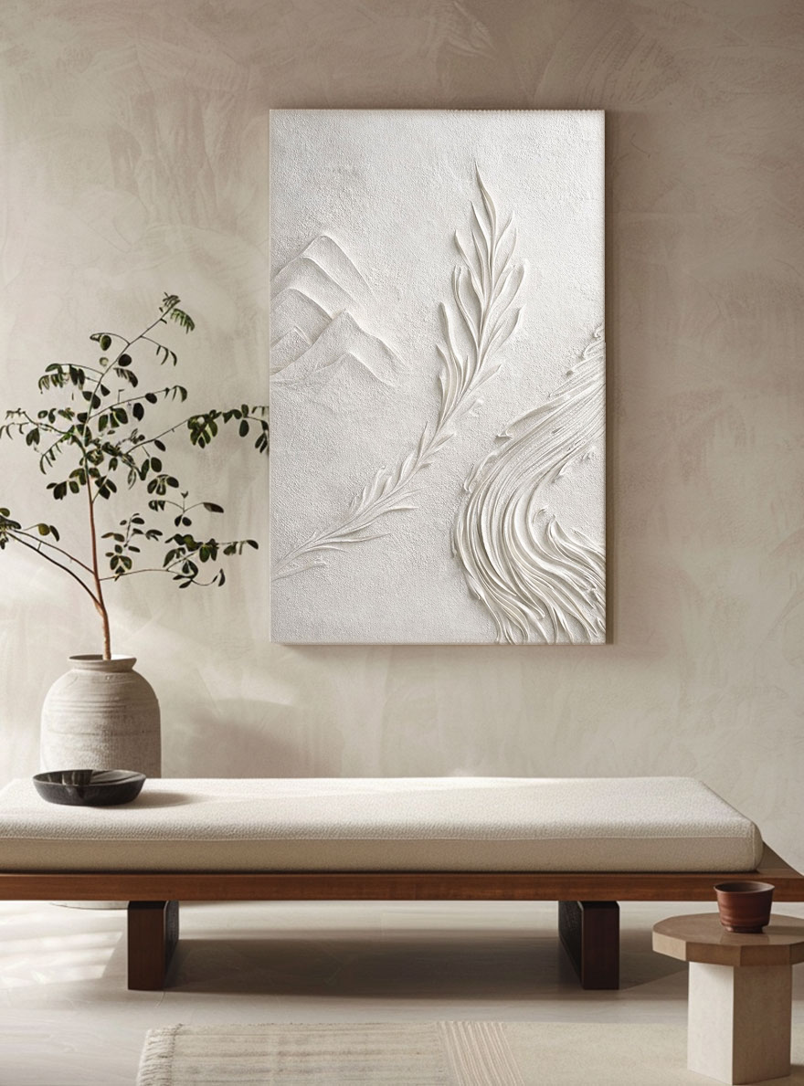 Minimalist 3D Relief Nature-Inspired Plaster Wall Art – Soft White Beige Tone Mountain Leaf Wave Textured Artwork for Modern and Wabi-Sabi Inspired Living Spaces, Calming Bedroom, Professional Office, Cozy Hallway, Elegant Dining Room