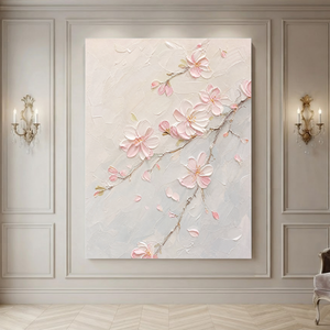 Flower and Tree Soft Pink Cream Light Gray Textured Contemporary Acrylic-style 3D Relief Vertical Wall Art for Living Room