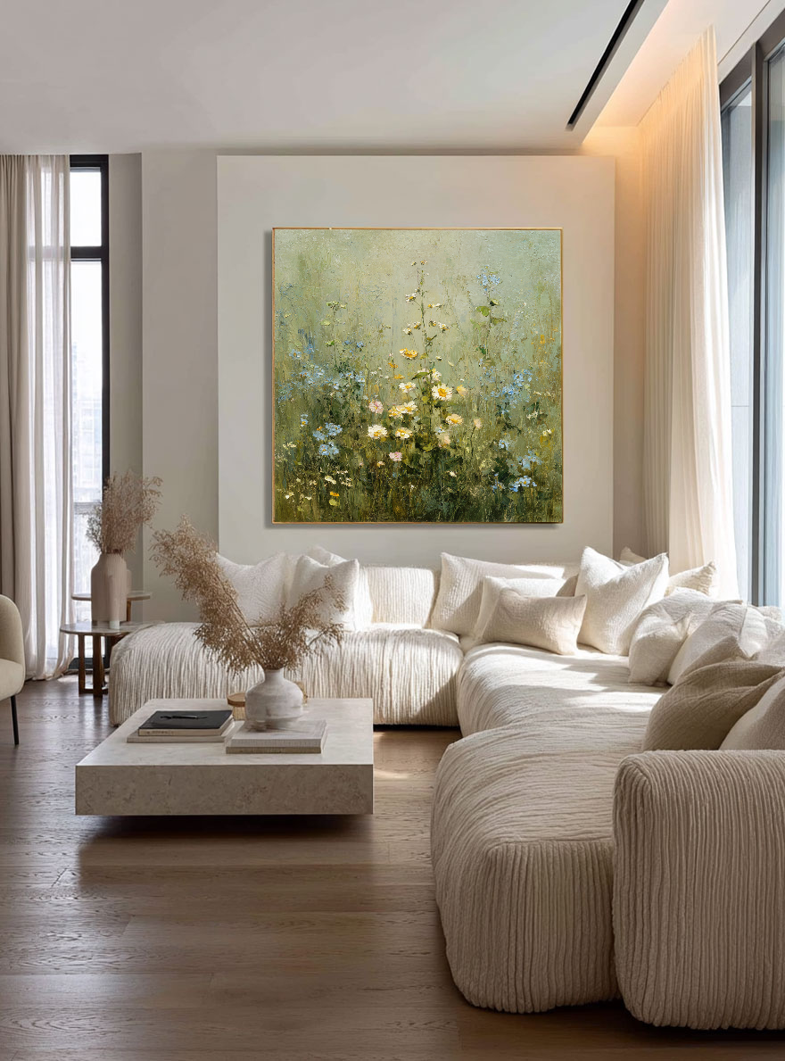 Vintage Wildflower Meadow Textured Impasto Wall Art, Soft Green Beige White Rustic Floral Landscape Painting, Nature Inspired Framed Artwork for Living Room Bedroom Dining Room Hallway Office