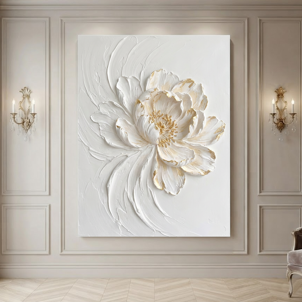 White and Gold Textured 3D Relief Flower Vertical Wall Art for Living Room Bedroom