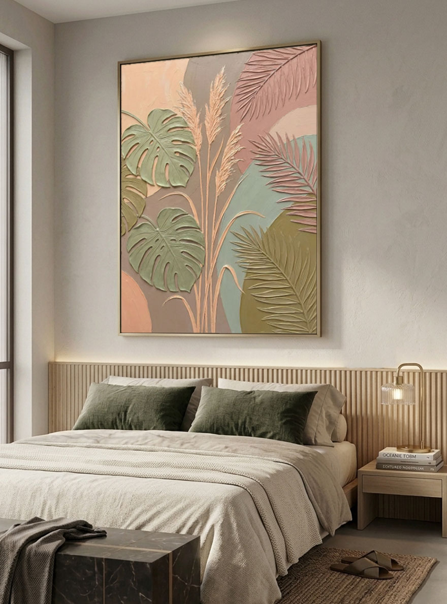 Bohemian Tropical Monstera Palm Leaves Pampas Grass Textured Abstract Floral Wall Art for Living Room Bedroom Dining Room Office Home Decor