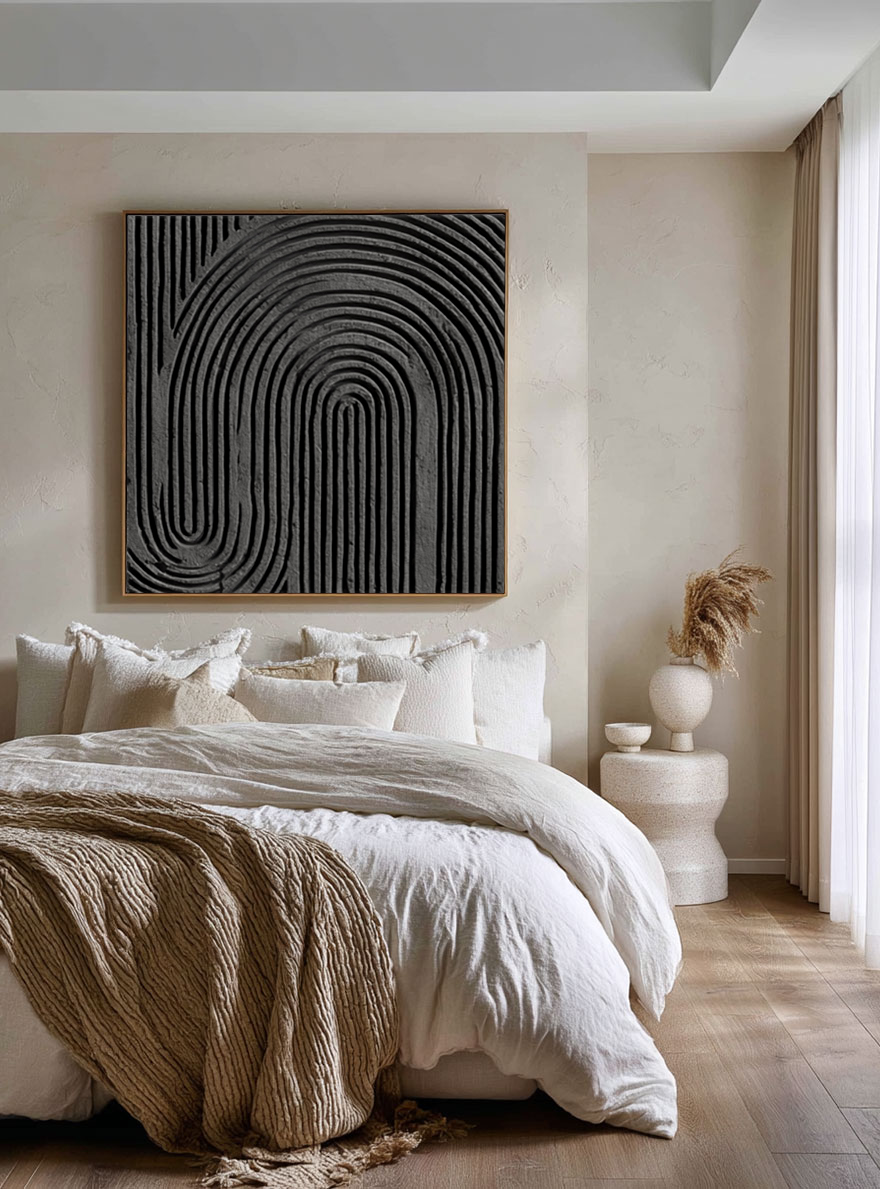 Black and Dark Medium Grey Abstract Textured Geometric Wall Art, Minimalist Modern Curved Lines 3D Relief Artwork for Contemporary Living Room Bedroom Office Dining Hallway, Neutral Tone Non Representational Decor