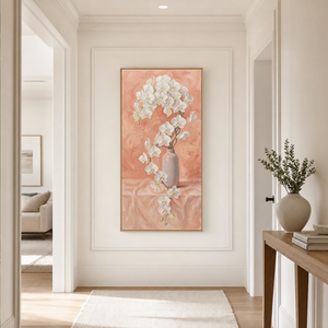 Cascading White Orchid Impasto on Blush Pink in cozy hallway