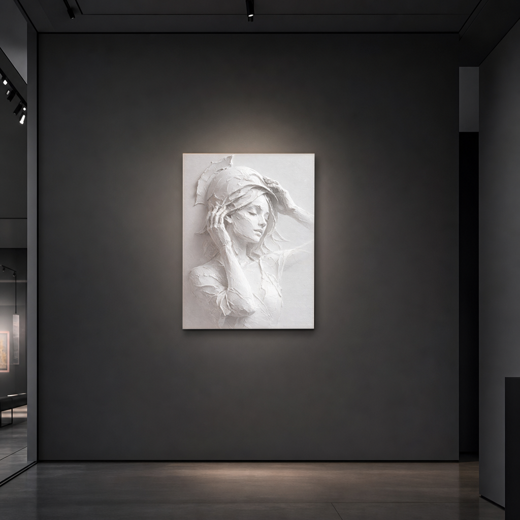 Portrait White Light Gray Textured Plaster 3D Relief Vertical Wall Art for Bedroom Living Room