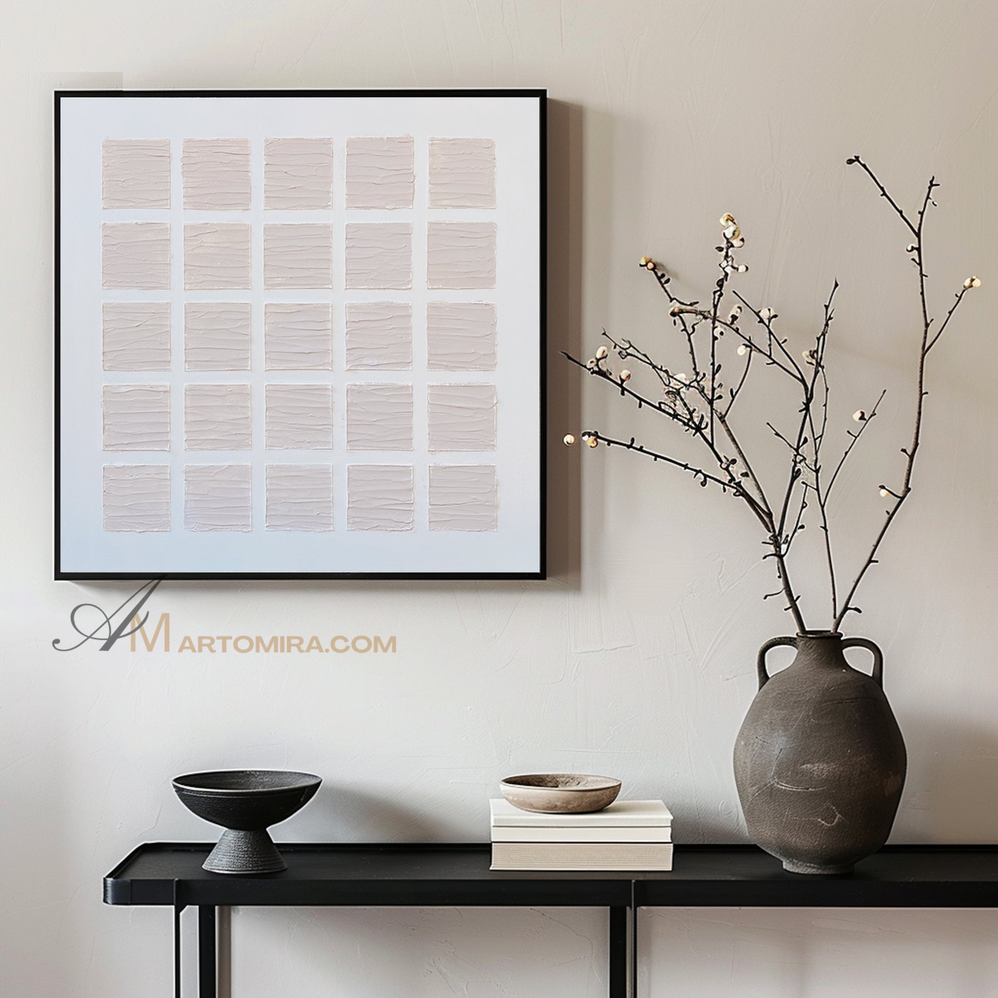 Wabi-Sabi Minimalist Light Beige Textured Grid Painting | Modern Geometric Square Canvas | Soft Abstract Wall Art | Minimal Home Decor