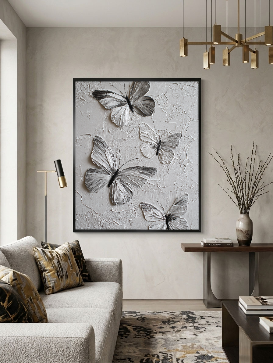 Sophisticated Black and White Textured Butterfly Wall Art, Thick Impasto Relief Minimalist Nature-Inspired Animal Decor for Living Room, Bedroom, Office, Dining Room, and Hallway – Modern Monochrome Canvas Accent Piece