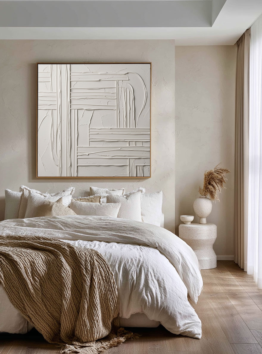 Minimalist White Light Grey Textured 3D Relief Abstract Geometric Wall Art for Modern Living Room Bedroom Office Dining Room Hallway Decor