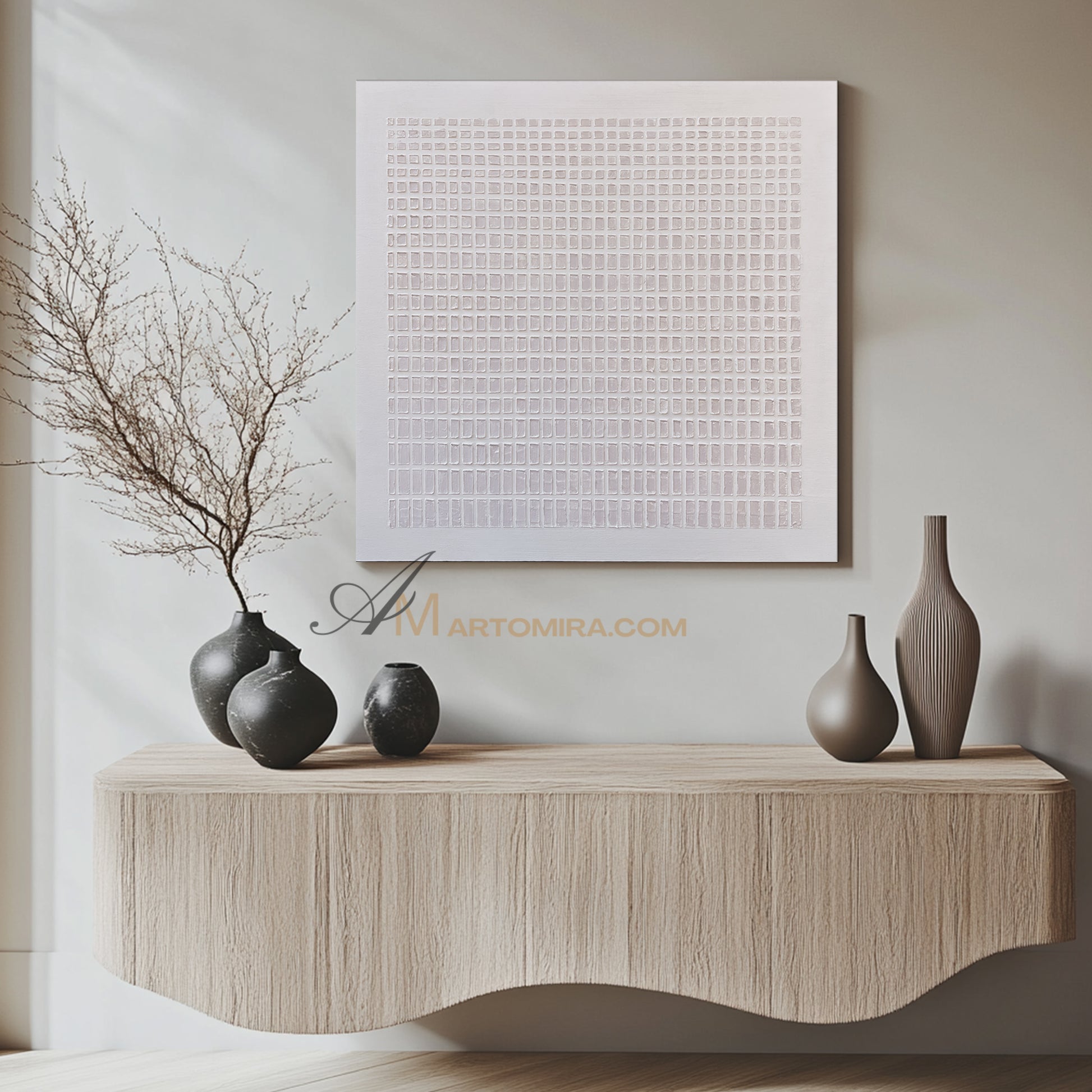 Wabi-Sabi Minimalist White Textured Painting | Modern Geometric Grid Canvas | Serene Abstract Wall Art | Minimal Home Decor