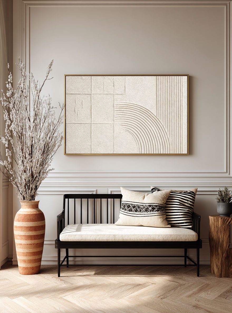 Neutral Beige White Geometric Lines Abstract Textured Minimalist Plaster Wall Art for Modern Living Room Bedroom Office Dining Hallway Home Decor