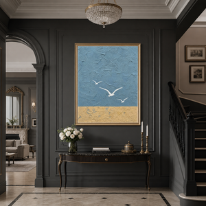 Abstract Blue Beige Vertical Textured Acrylic-Style Ocean And Sky Wall Art For Living Room