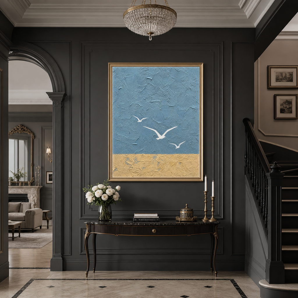 Abstract Blue Beige Vertical Textured Acrylic-Style Ocean And Sky Wall Art For Living Room