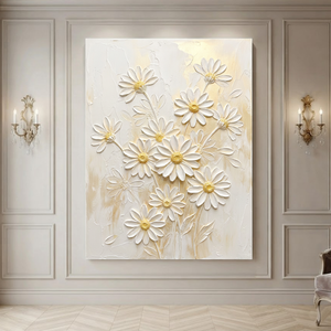 White and Gold Daisy Flower 3D Relief Textured Vertical Wall Art for Living Room
