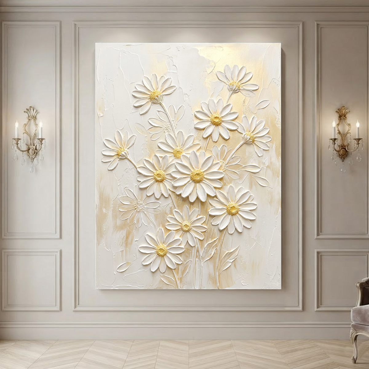 White and Gold Daisy Flower 3D Relief Textured Vertical Wall Art for Living Room