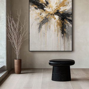 Modern Abstract Impasto Wall Art Gold Black White Medium Grey Splash Thick Knife Paint Textured Canvas Artwork Elegant Contemporary Decor for Living Room Bedroom Office Dining Room Hallway