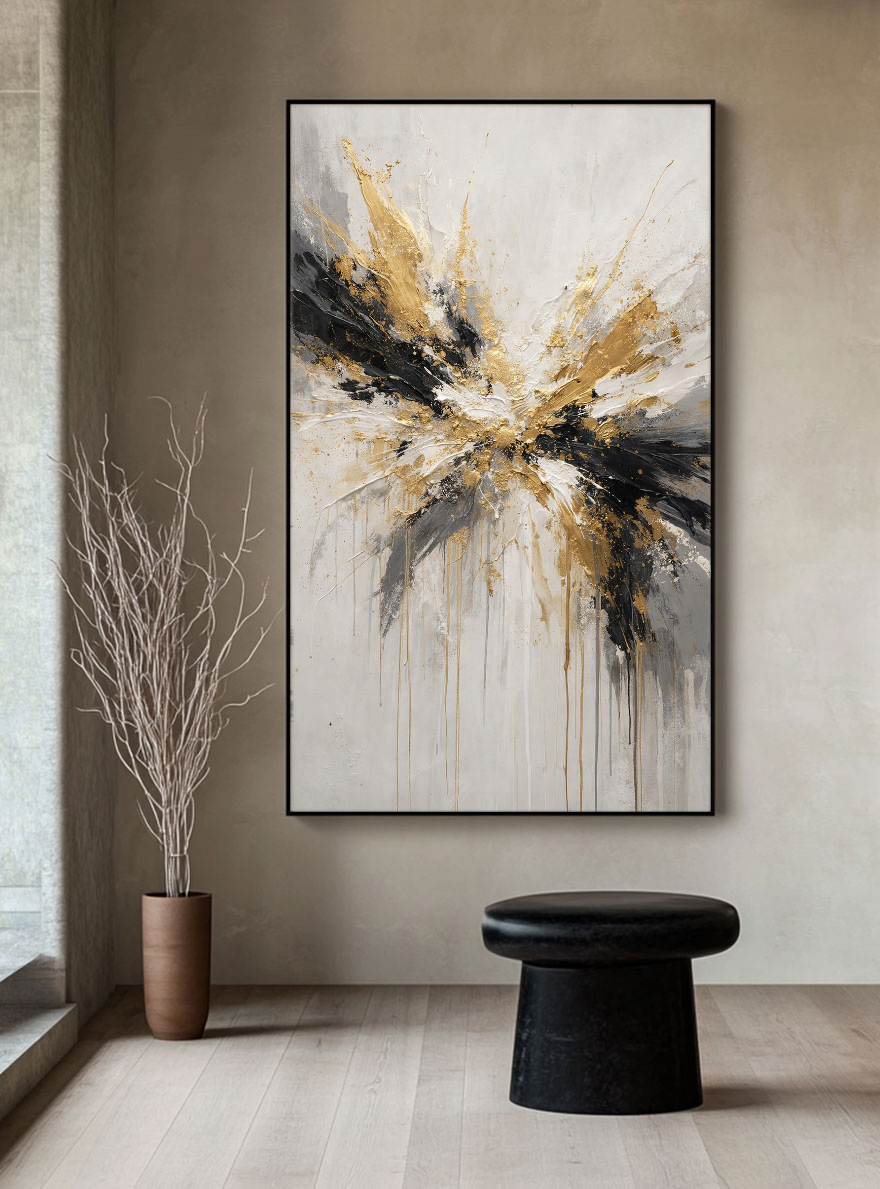 Modern Abstract Impasto Wall Art Gold Black White Medium Grey Splash Thick Knife Paint Textured Canvas Artwork Elegant Contemporary Decor for Living Room Bedroom Office Dining Room Hallway