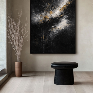 Elegant Black White Gold Abstract Textured Wall Art - Dramatic Contrast Knife Impasto Painting for Modern Minimalist Living Spaces, Office, Bedroom, Dining Room & Hallway Decor