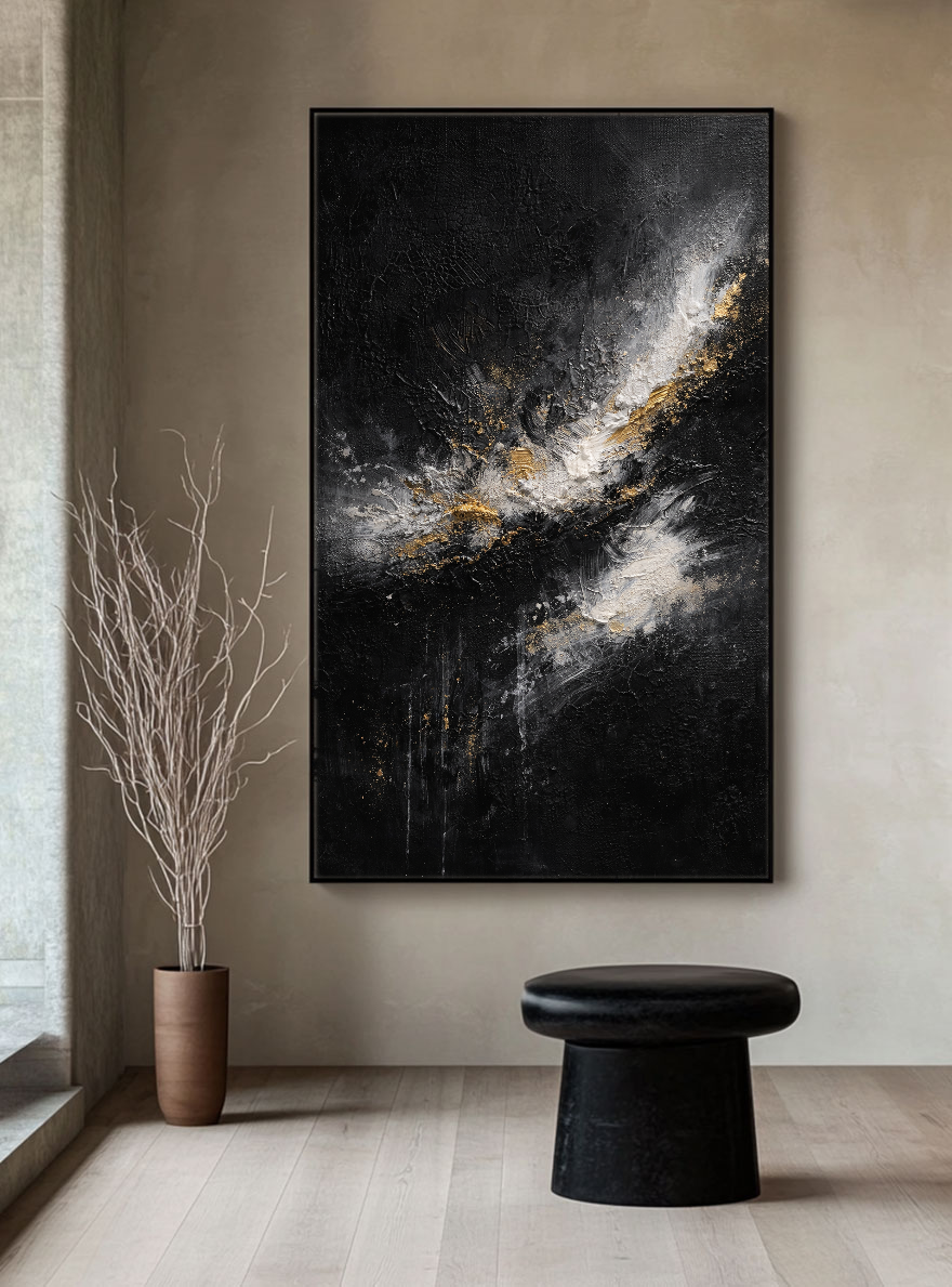 Elegant Black White Gold Abstract Textured Wall Art - Dramatic Contrast Knife Impasto Painting for Modern Minimalist Living Spaces, Office, Bedroom, Dining Room & Hallway Decor