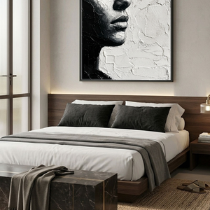 Black and White Impasto Textured Portrait Wall Art – Elegant Serene Woman's Profile with Thick Layered Knife Brushwork, High Contrast Minimalist Monochrome Design, Ideal for Modern Home and Office Decor