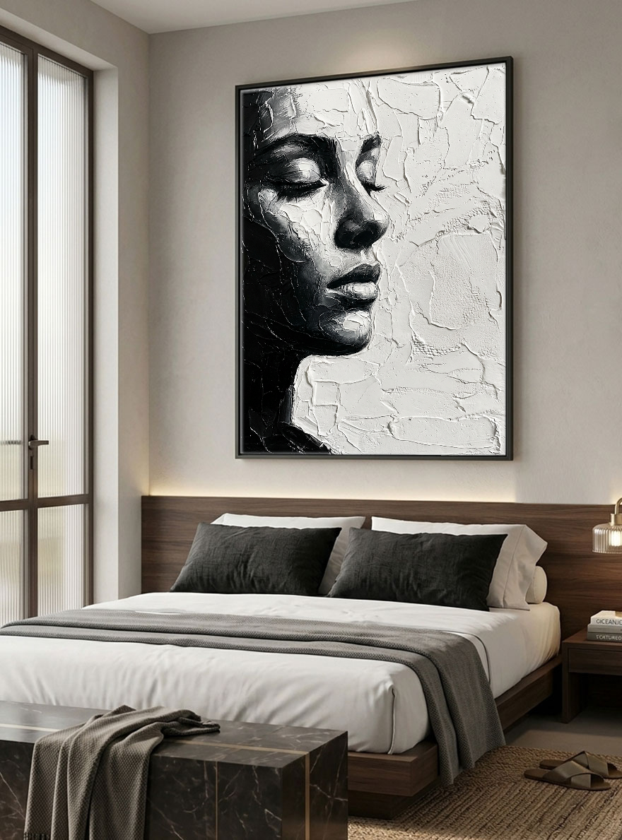 Black and White Impasto Textured Portrait Wall Art – Elegant Serene Woman's Profile with Thick Layered Knife Brushwork, High Contrast Minimalist Monochrome Design, Ideal for Modern Home and Office Decor