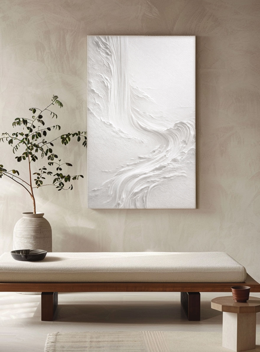 Minimalist White Abstract Textured Impasto Wall Art 3D Relief Flow Decorative Painting for Living Room Bedroom Office Hallway Dining Room Neutral Wabi-Sabi Style Modern Home Decor Artwork