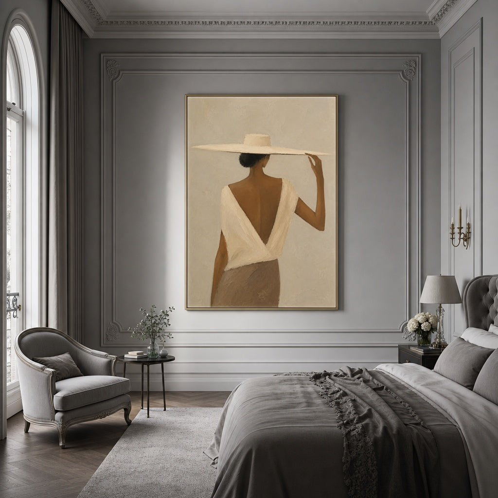Elegant Silhouette of Woman with Wide-Brimmed Hat in a serene grey bedroom