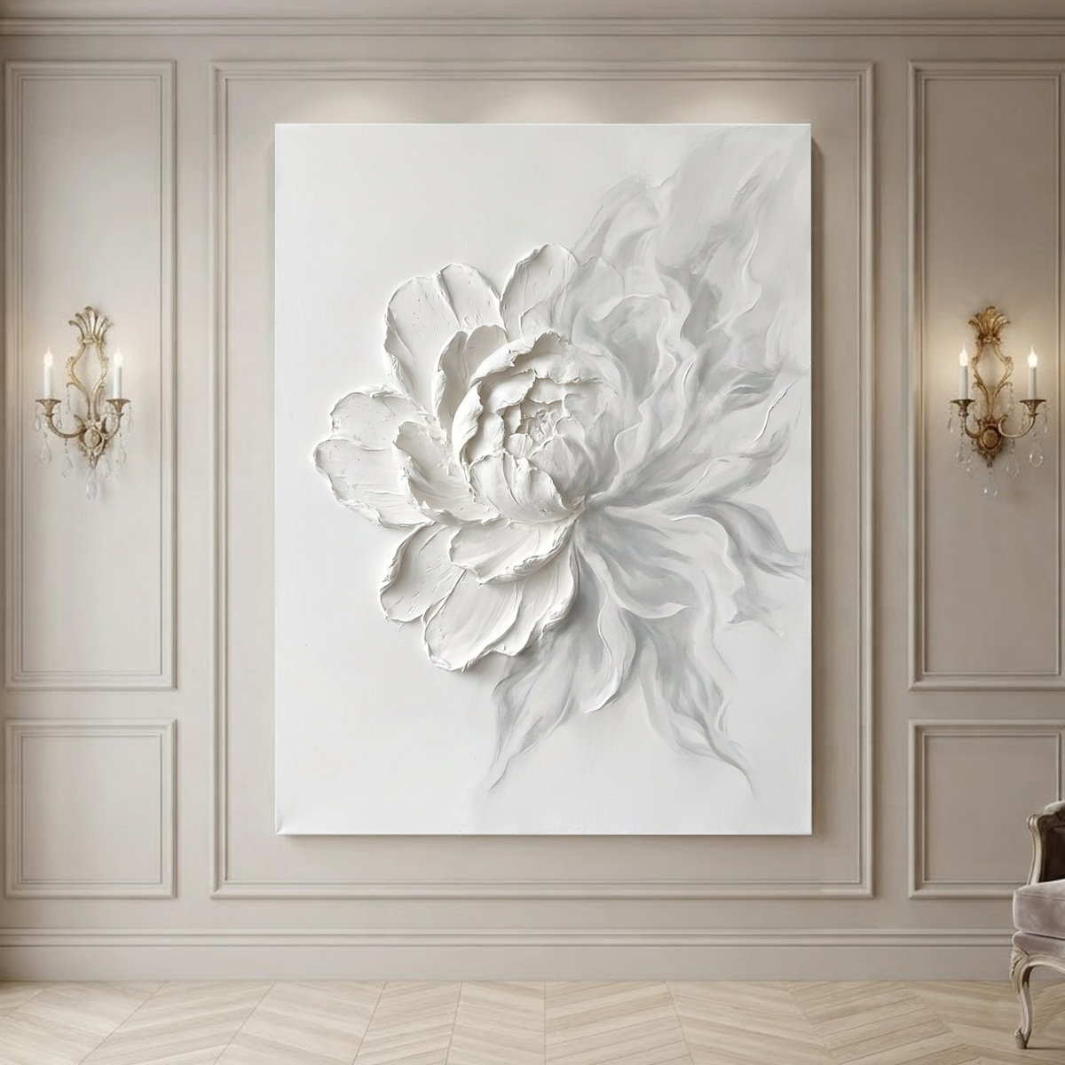 White Flower Textured Contemporary Vertical 3D Relief Wall Art for Living Room Bedroom