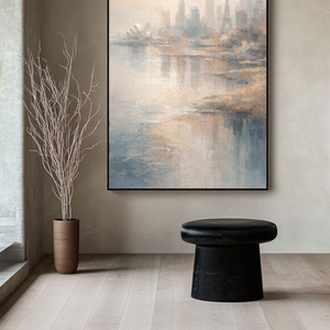 Soft Muted Vintage Textured Global Iconic City Skyline Wall Art, Framed Canvas Coastal & Urban Water Reflection Artwork with Neutral Blue, Beige, White & Brown Tones for Calm Home & Office Spaces Including Living Room, Bedroom, Dining Room, Hallway