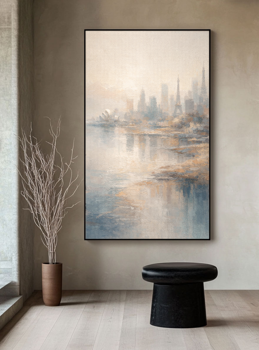 Soft Muted Vintage Textured Global Iconic City Skyline Wall Art, Framed Canvas Coastal & Urban Water Reflection Artwork with Neutral Blue, Beige, White & Brown Tones for Calm Home & Office Spaces Including Living Room, Bedroom, Dining Room, Hallway