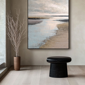 Serene Textured Coastal Horizon Landscape Impasto Wall Art Muted Light Grey Soft Blue Warm Beige Earthy Brown Sand Beach Seaside Calming Ocean Sky Scenery for Modern Living Room Bedroom Office Dining Room Hallway Decor