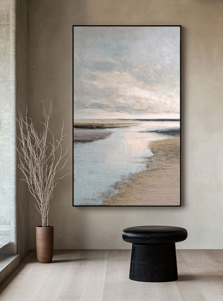 Serene Textured Coastal Horizon Landscape Impasto Wall Art Muted Light Grey Soft Blue Warm Beige Earthy Brown Sand Beach Seaside Calming Ocean Sky Scenery for Modern Living Room Bedroom Office Dining Room Hallway Decor
