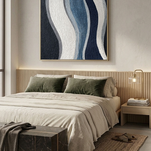 Modern Abstract Black White Blue Grey Curved Geometry Textured Minimalist Wall Art Decor, Large Framed Handmade Wavy Lines Stretched Canvas Artwork for Living Room Bedroom Dining Room Office Home Office Hallway Wall Decor