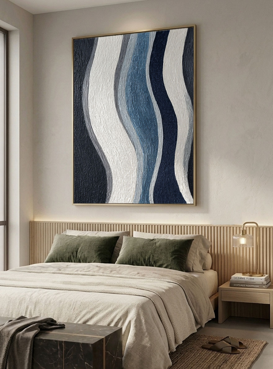 Modern Abstract Black White Blue Grey Curved Geometry Textured Minimalist Wall Art Decor, Large Framed Handmade Wavy Lines Stretched Canvas Artwork for Living Room Bedroom Dining Room Office Home Office Hallway Wall Decor