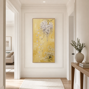 Elegant Vertical Wisteria and Baby's Breath Floral Wall Art, Soft Purple and White Cascading Blooms on Warm Yellow Background, Thick Impasto Textured Painting for Modern Home Decor Living Room Bedroom Office Dining Room Hallway