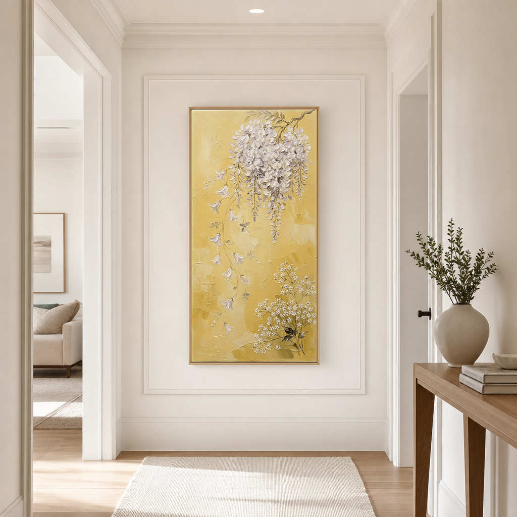 Elegant Vertical Wisteria and Baby's Breath Floral Wall Art, Soft Purple and White Cascading Blooms on Warm Yellow Background, Thick Impasto Textured Painting for Modern Home Decor Living Room Bedroom Office Dining Room Hallway