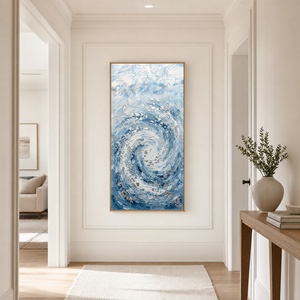 Modern Abstract Blue White Textured Ocean Swirl Impasto Wall Art Coastal Framed Canvas Painting for Living Room Bedroom Office Hallway Dining Room Thick Knife Brush Marks Relaxing Nautical Decor