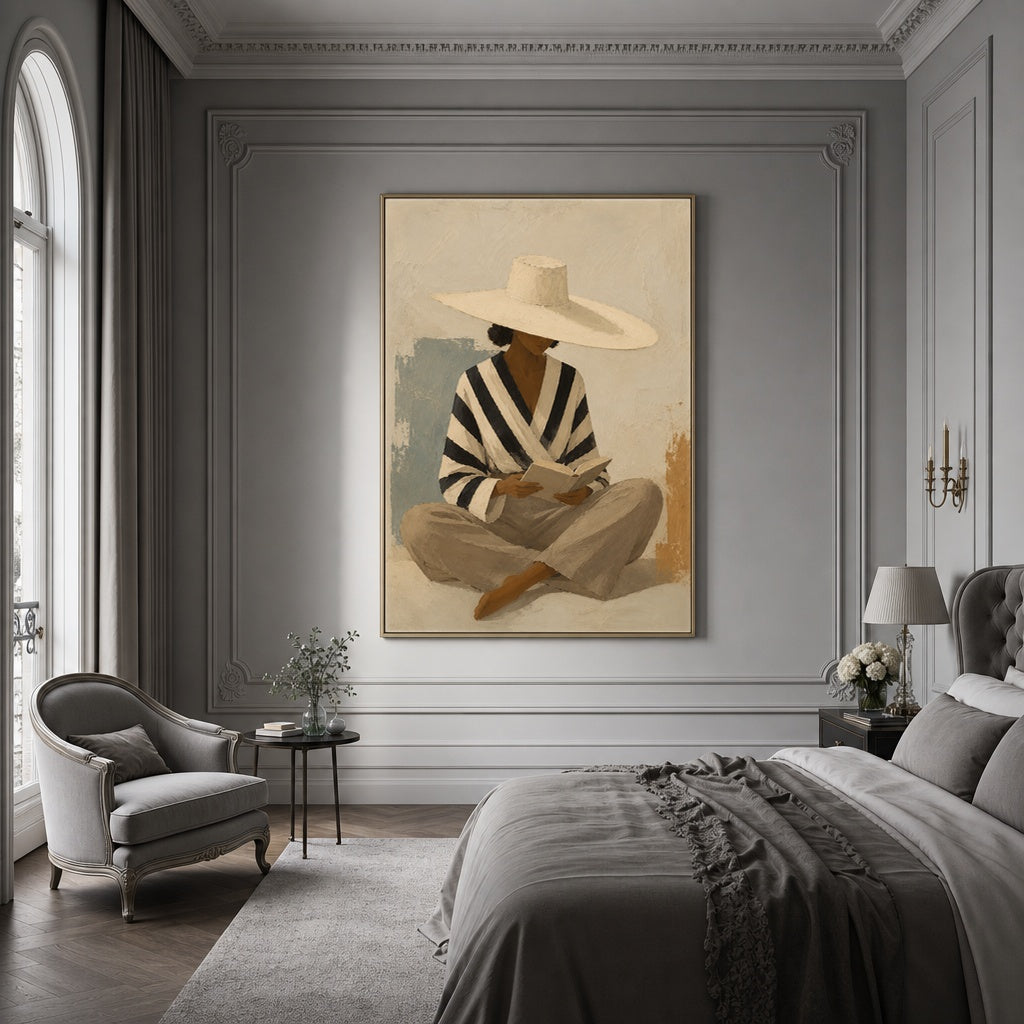 Seated Serenity: Reading Woman with Wide-Brim Hat in a elegant grey bedroom