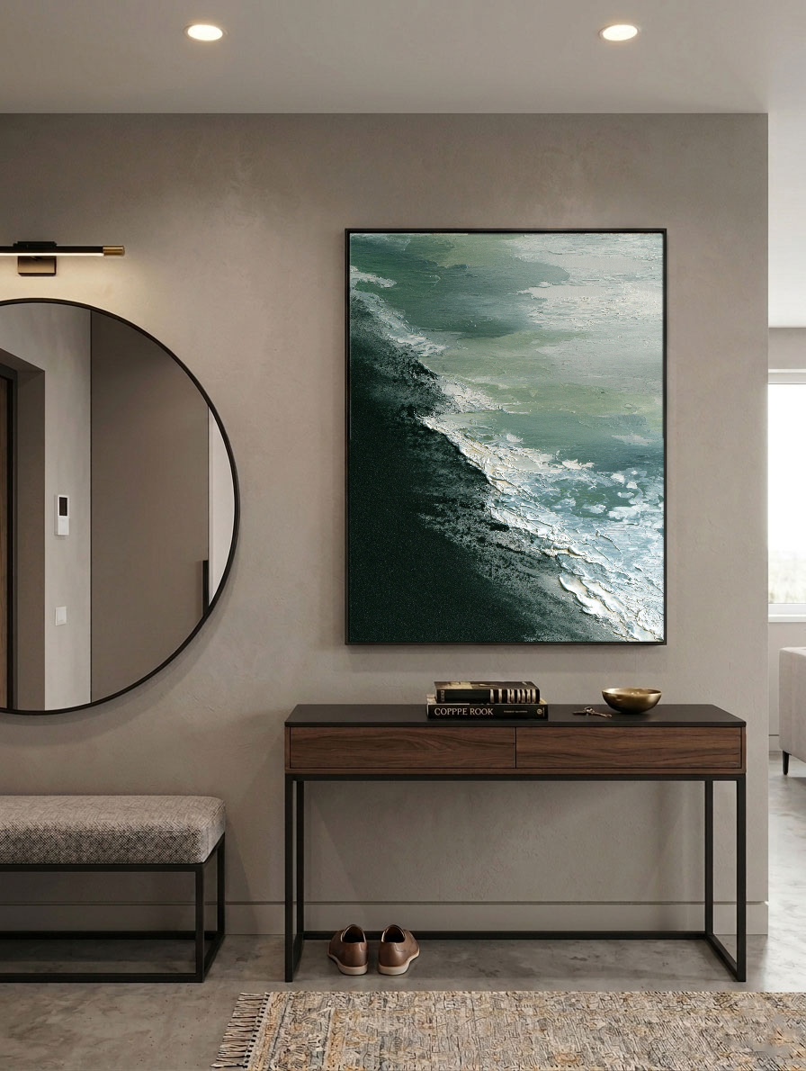 Abstract Coastal Ocean Wave Black Sand Beach Thick Impasto Textured Canvas Wall Art Modern Minimalist Decor for Living Room Bedroom Office Hallway Dining Room