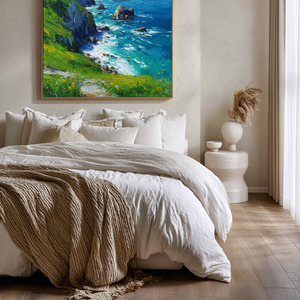 Vibrant Coastal Landscape Impasto Wall Art - Turquoise Deep Blue Ocean Lush Green Cliffs Wildflowers Rugged Rocks Bright Sky Textured Oil Painting Style Artwork for Home Decor