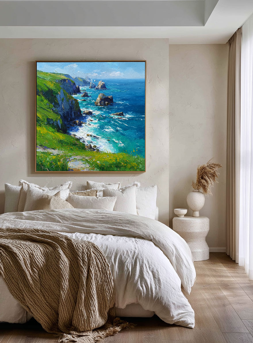 Vibrant Coastal Landscape Impasto Wall Art - Turquoise Deep Blue Ocean Lush Green Cliffs Wildflowers Rugged Rocks Bright Sky Textured Oil Painting Style Artwork for Home Decor