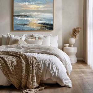 Textured Impasto Coastal Sunset Blue Gold Black White Wall Art Framed Abstract Ocean Sky Seascape for Living Room Bedroom Dining Room Office Hallway Modern Home Decor