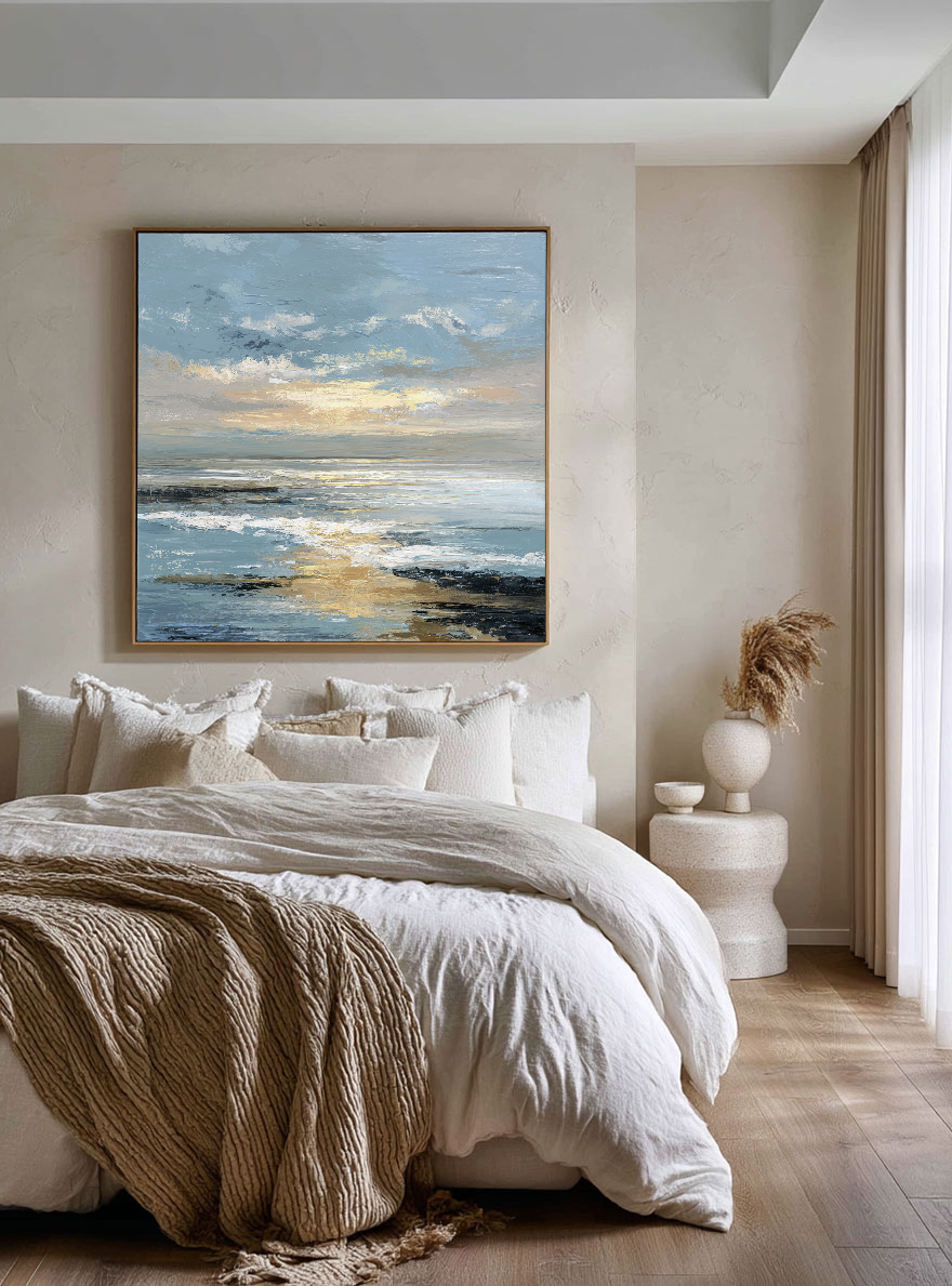 Textured Impasto Coastal Sunset Blue Gold Black White Wall Art Framed Abstract Ocean Sky Seascape for Living Room Bedroom Dining Room Office Hallway Modern Home Decor