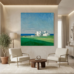 Coastal Minimalist White Villa Landscape Wall Art Blue Ocean Green Lawn Canvas Decor for Modern Home Living Room Bedroom Office