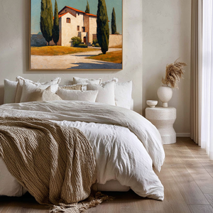 Modern Blue and Beige Tuscan Villa Textured Impasto Painting | Hand-Painted Canvas