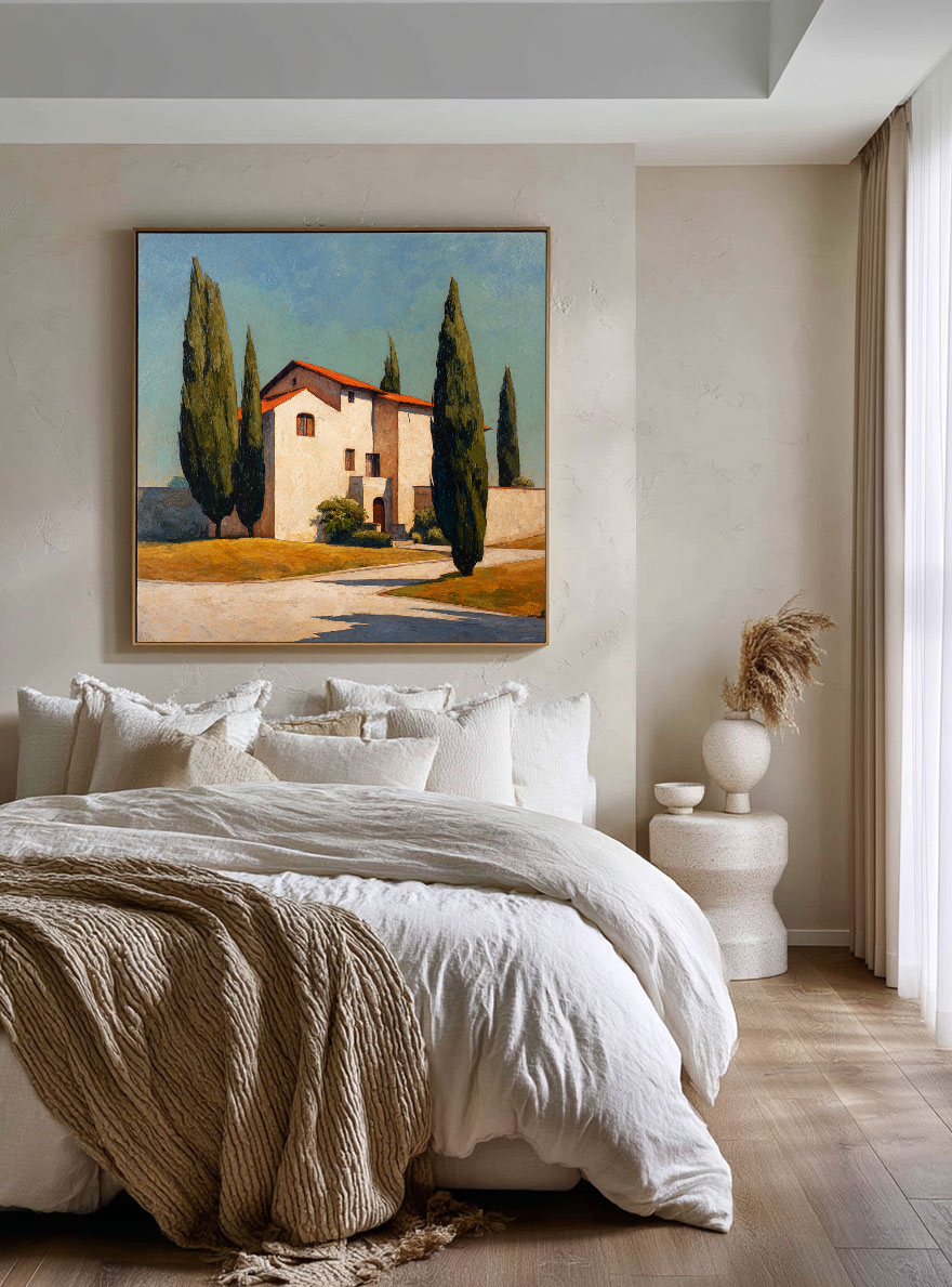 Modern Blue and Beige Tuscan Villa Textured Impasto Painting | Hand-Painted Canvas