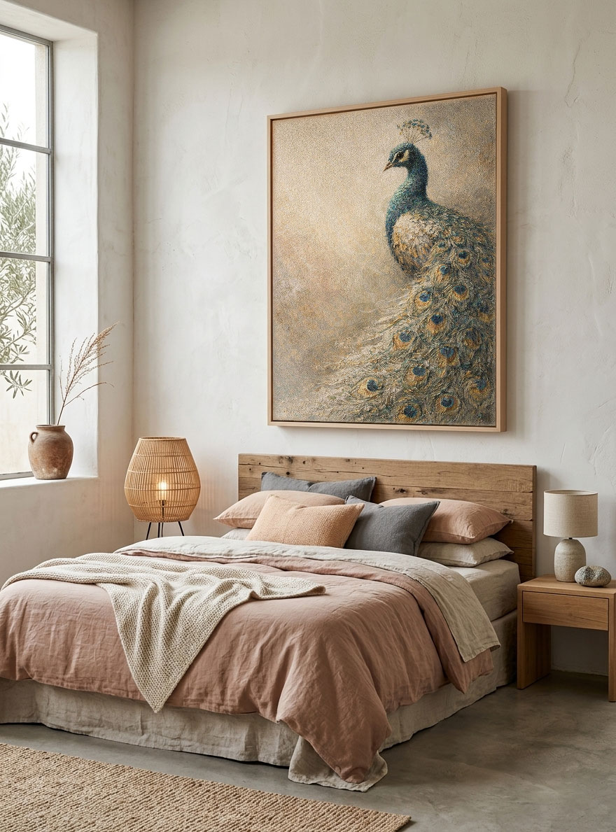 Vintage Elegant Peacock Textured Impasto Oil Painting, Muted Beige Blue Brown Green Peacock Feather Animal Wall Art for Living Room, Office, Bedroom, Dining Room, Hallway