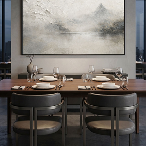Minimalist Beige Bedroom Canvas Art - Textured Mountain Lake Painting